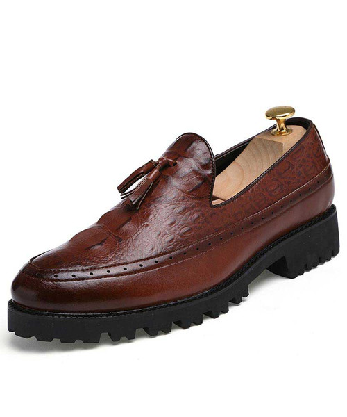 Men's brown brogue croc pattern tassel slip on dress shoe 01