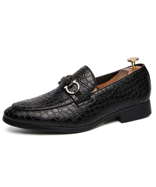 Men's black retro croco pattern buckle slip on dress shoe 01