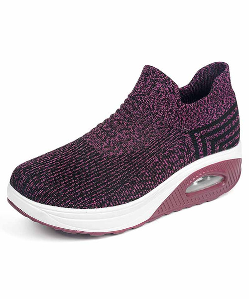 Women's purple flyknit stripe texture slip on rocker bottom sneaker 01