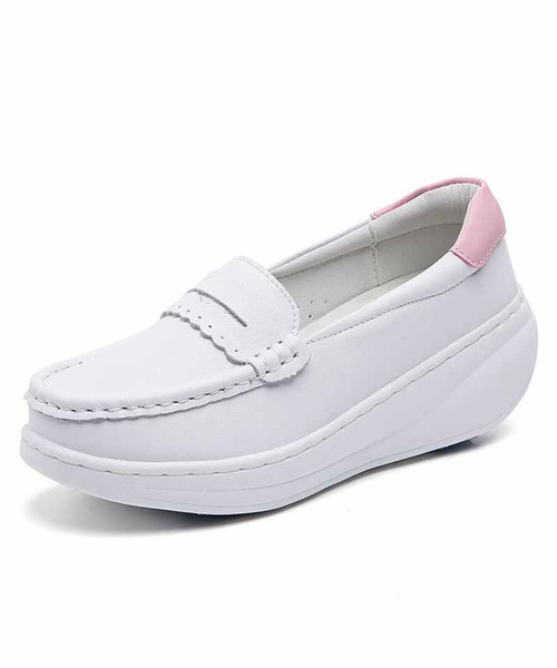 Women's white pink penny slip on rocker bottom sneaker 01