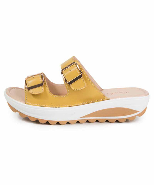 Women's yellow double buckle strap vamp slip on mule shoe sandal 01