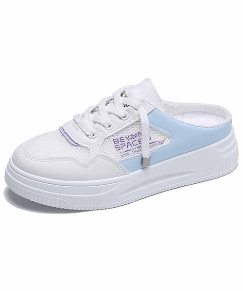 Women's white blue lace side print mule shoe sneaker 01