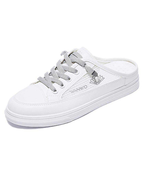 Women's white grey lace side pattern hollow mule shoe sneaker 01
