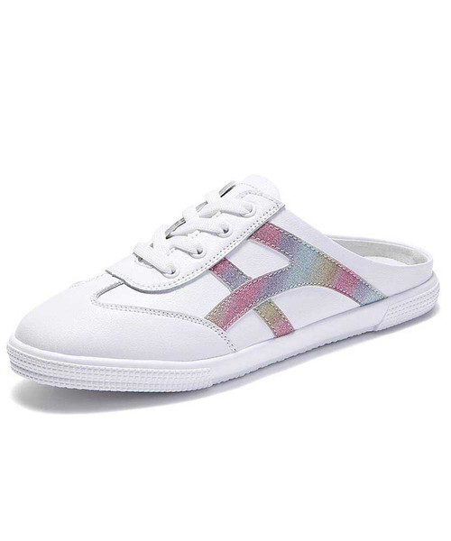 Women's white pattern stripe lace mule shoe sneaker 01