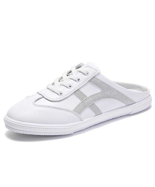 Women's white silver stripe lace mule shoe sneaker 01