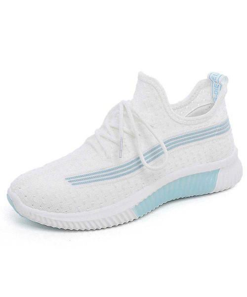 Women's white blue stripe texture hollow cut flyknit shoe sneaker 01