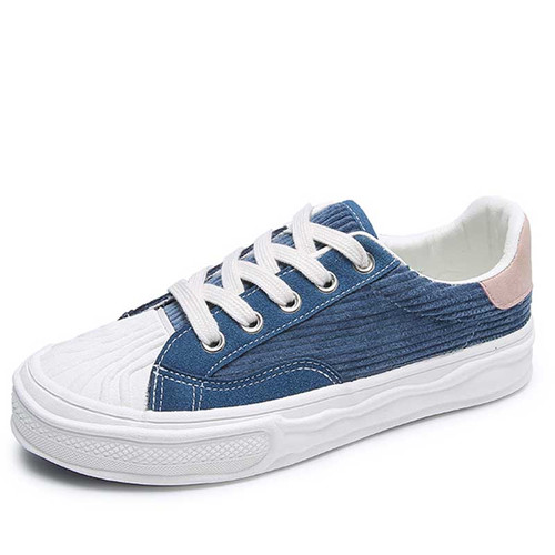 Women's blue canvas texture stripe lace up shoe sneaker 01