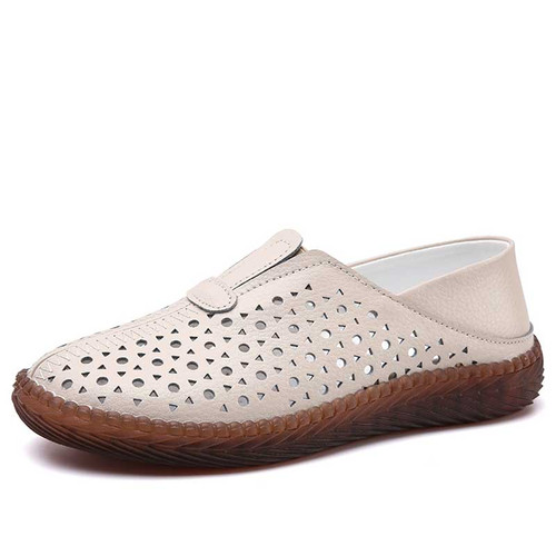 Women's beige round & triangle hollow cut slip on shoe loafer 01