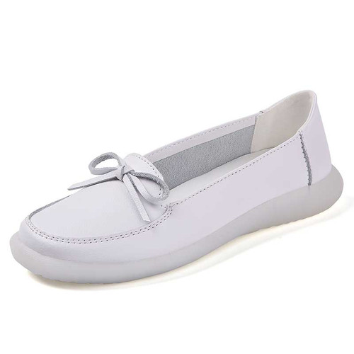 Women's white bow lace low out slip on shoe loafer 01