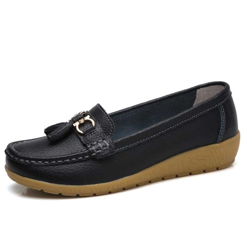 Women's black tassel buckle on vamp slip on shoe loafer 01
