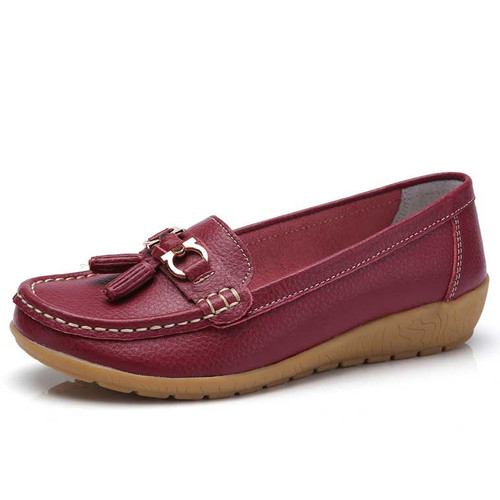 Women's red tassel buckle on vamp slip on shoe loafer 01