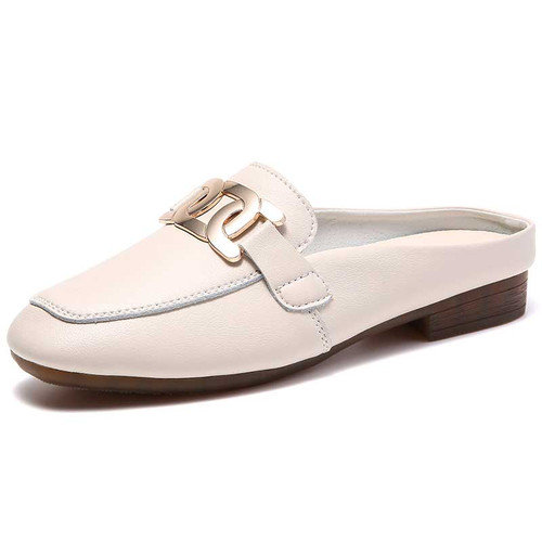 Women's beige metal buckle on top slip on mule shoe 01
