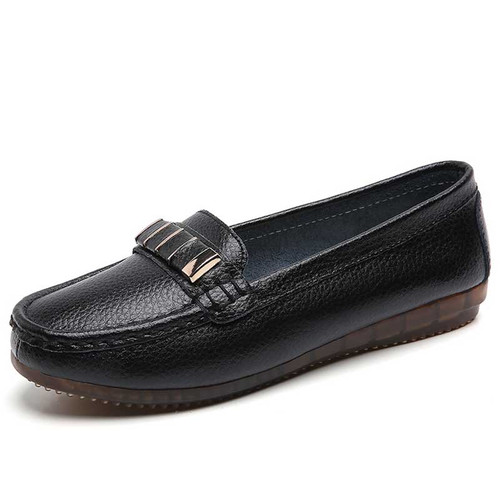 Women's black metal buckle strap slip on shoe loafer 01