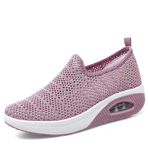 Women's pink flyknit hollow out slip on rocker bottom sneaker 01