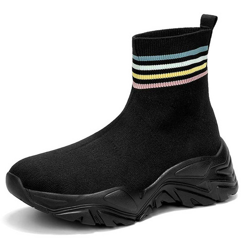 Women's black flyknit stripe sock like fit slip on shoe sneaker 01