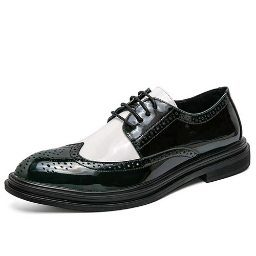 Men's green white patent leather brogue derby dress shoe 01