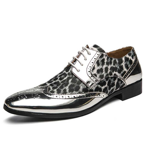 Men's silver leopard pattern brogue derby dress shoe 01