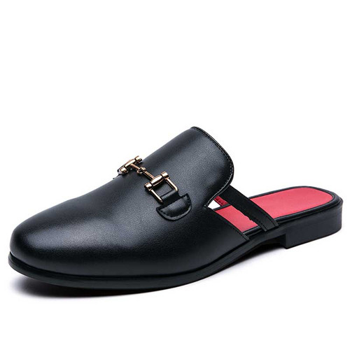 Men's black metal buckle on top slip on shoe mule 01