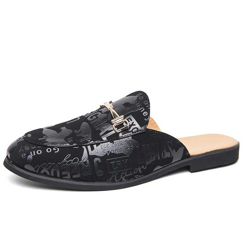 Men's black pattern print metal buckle slip on shoe mule 01