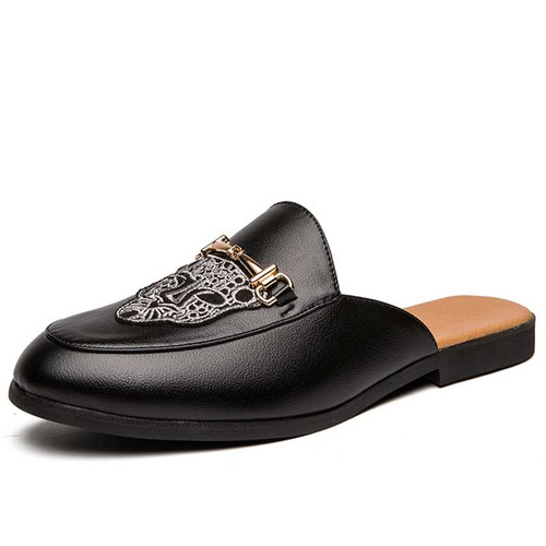 Men's black animal pattern metal buckle slip on shoe mule 01