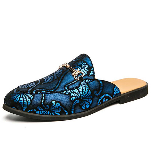 Men's blue floral pattern print metal buckle slip on shoe mule 01