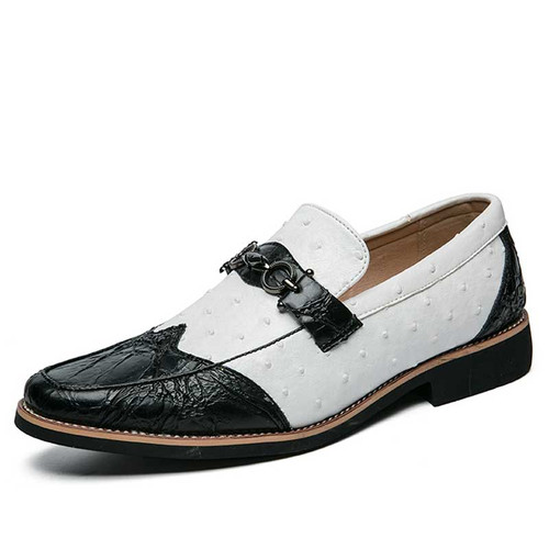 Men's white black retro pattern metal buckle slip on dress shoe 01