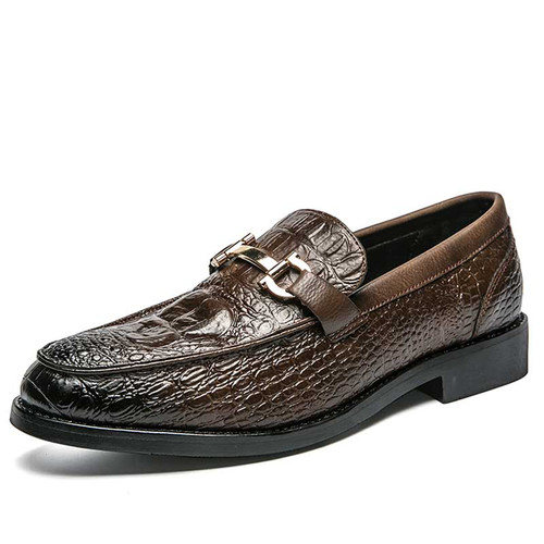 Men's brown crocodile skin pattern metal buckle slip on dress shoe 01