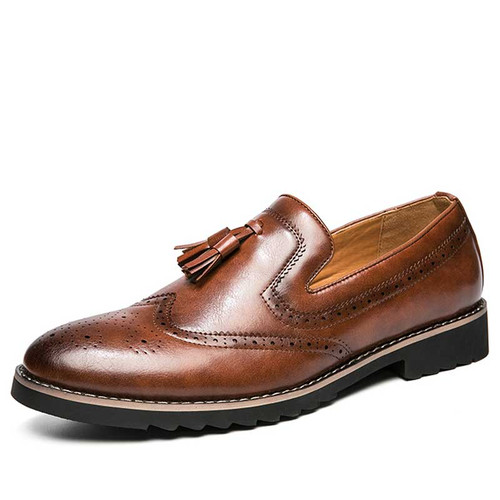 Men's brown brogue tassel on top slip on dress shoe 01
