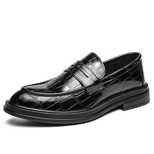 Men's black retro croc skin pattern penny slip on dress shoe 01