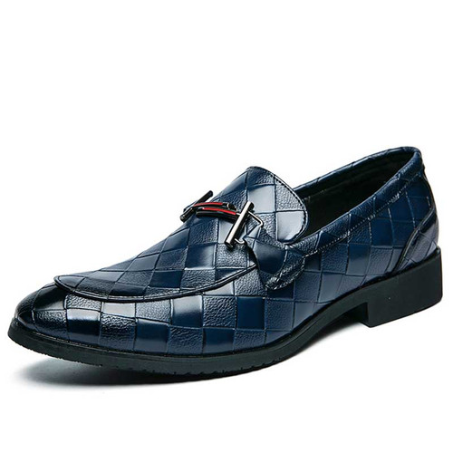 Men's blue check pattern metal buckle slip on dress shoe 01