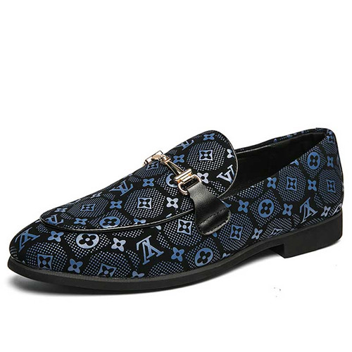 Men's blue mixed pattern print metal buckle slip on dress shoe 01