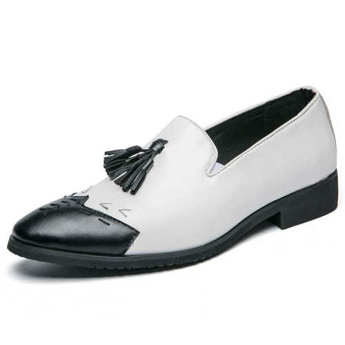 Men's white black two tone tassel on top slip on dress shoe 01