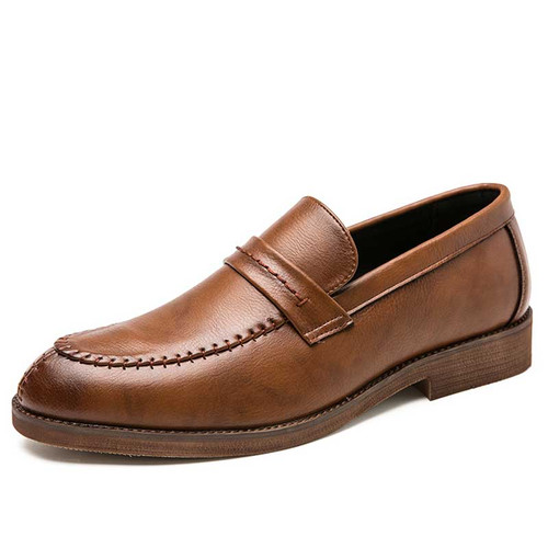 Men's brown sewed accents penny slip on dress shoe 01