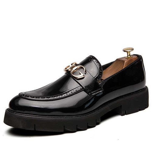 Men's black patent brogue metal buckle penny slip on dress shoe 01