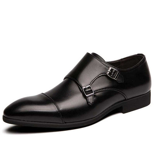 Men's black monk strap cap toe slip on dress shoe 01