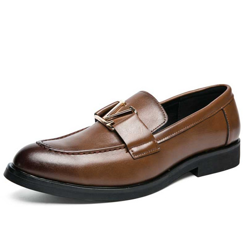 Men's brown metal buckle strap on top slip on dress shoe 01