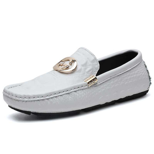 Men's white metal buckle croc skin pattern slip on shoe loafer 01