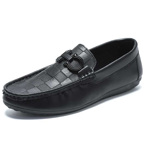 Men's black buckle ornament check pattern slip on shoe loafer 01