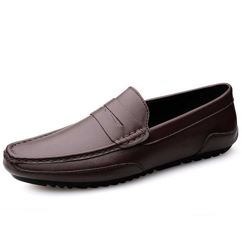 Men's brown penny strap slip on shoe loafer in plain 01