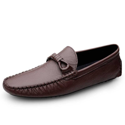 Brown metal buckle on top slip on shoe 