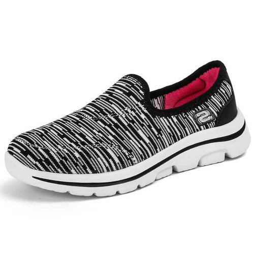Women's black flyknit stripe & letter pattern slip on shoe sneaker 01