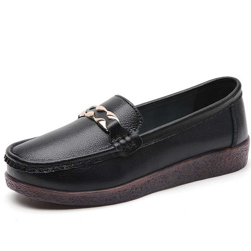 Women's black penny metal buckle strap slip on shoe loafer 01