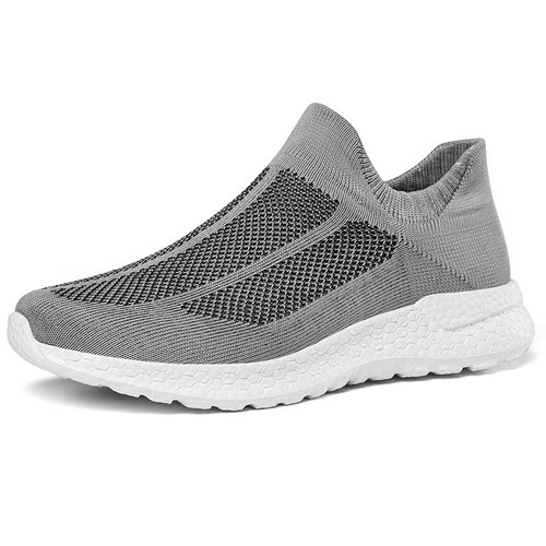 Men's grey flyknit stripe texture sock like entry slip on shoe sneaker 01