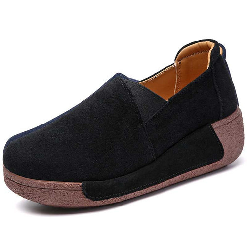 Women's black suede plain casual slip on rocker bottom sneaker 01