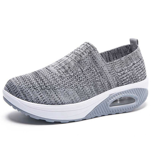 Women's grey flyknit texture stripe slip on rocker bottom sneaker 01