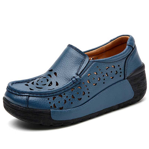Women's blue hollow floral pattern slip on rocker bottom sneaker 01