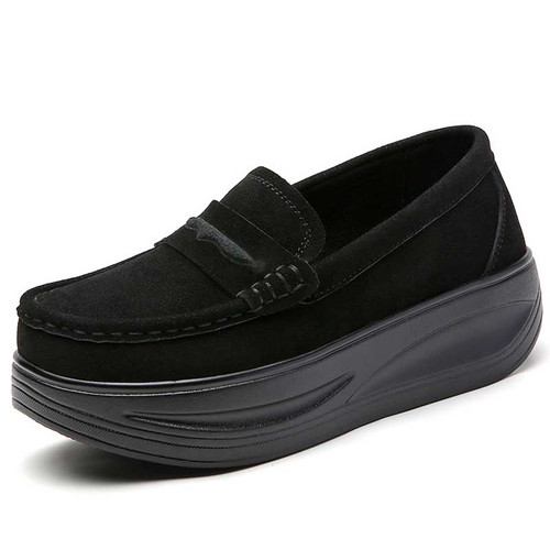 Women's black suede penny slip on rocker bottom sneaker 01