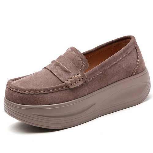 Women's brown suede penny slip on rocker bottom sneaker 01