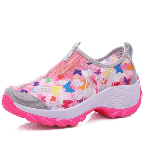 Women's pink floral hollow slip on double rocker bottom sneaker 01