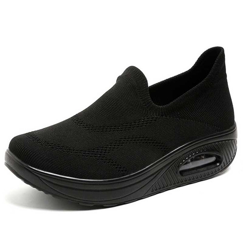 Women's black flyknit texture stripe slip on rocker bottom sneaker 01